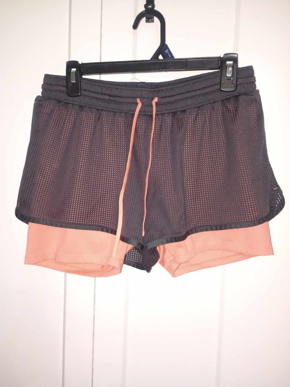 Dual-Layer Athletic Shorts in Black Mesh with Peach Liner